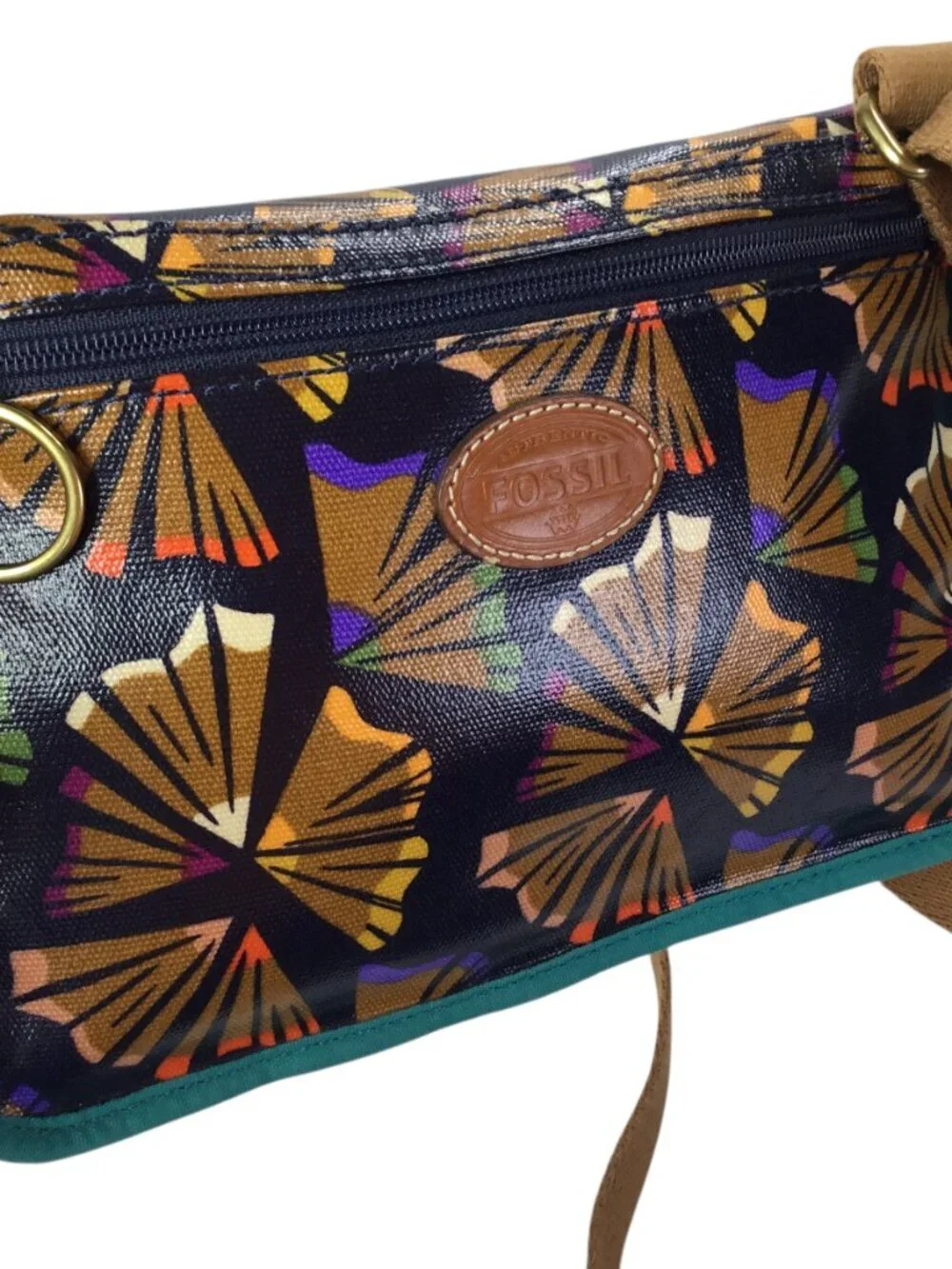 Fossil Crossbody Waxed Coated Canvas Purse Bag Colored Pencil Shavings Teal Trim